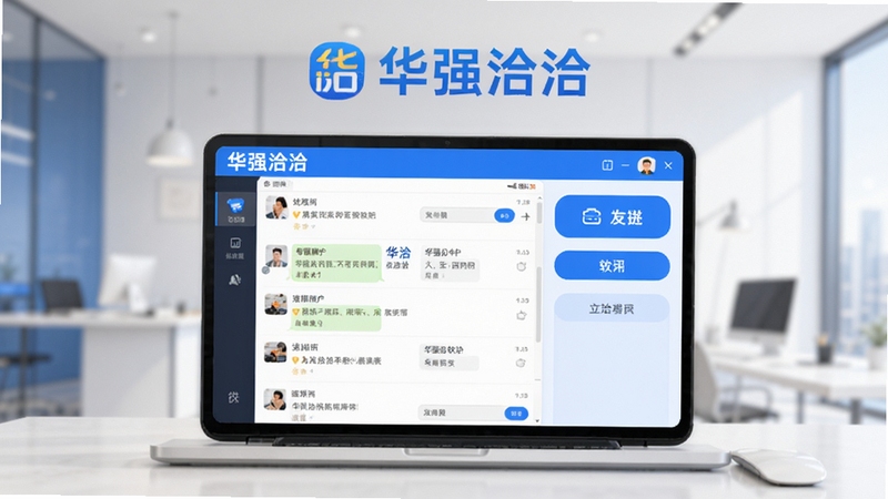 华强洽洽软件主界面预览图,展示聊天列表和功能按钮,背景为现代简约风格,色调以蓝色和白色为主,界面清晰明亮,突出软件名称“华强洽洽”的Logo,整体画面干净整洁,适合软件介绍场景