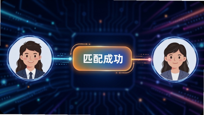 华强洽洽智能匹配功能示意图,画面展示两个用户头像通过线条连接,中间有“匹配成功”的提示,背景为科技感的光效,色彩明亮,突出软件的智能推荐特性,整体风格现代且友好