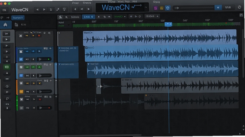 WaveCN 软件主界面预览图,展示多轨编辑界面与波形显示,背景为深色专业音频工作站风格,界面元素清晰,色彩以蓝灰为主,整体画面简洁现代,突出软件的音频编辑功能。