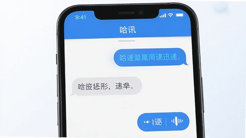 哈讯聊天界面展示,手机屏幕上有文字气泡和语音消息图标,信号满格,背景干净明亮,突出消息发送迅速、界面流畅的特点,软件名称“哈讯”出现在顶部导航栏。