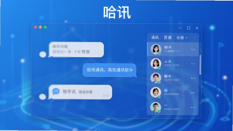 哈讯通讯软件主界面预览图,画面中央显示简洁的对话框和联系人列表,背景采用渐变的蓝色科技感,整体风格现代且友好,软件名称“哈讯”清晰置于界面顶部,营造出高效、可靠的通讯氛围。