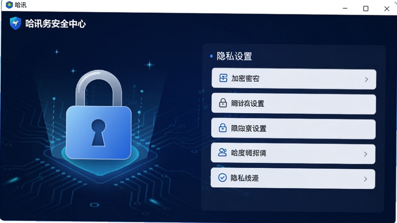 哈讯安全中心界面,显示加密锁图标和隐私设置选项列表,背景为深蓝色科技基调,强调“哈讯”对用户数据安全的重视,画面简洁专业。