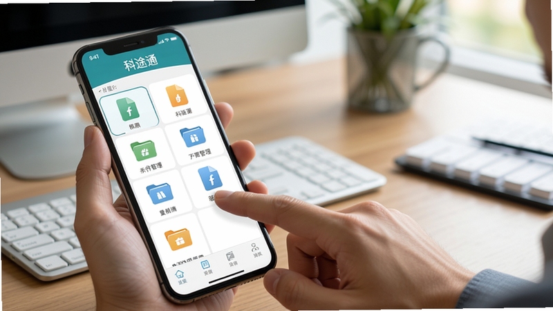 科途通功能操作演示图,展示用户正在使用手机进行文件管理,屏幕显示科途通界面,手指点击文件图标,背景为办公桌面,画面自然,突出软件实用性,清晰展示科途通名称