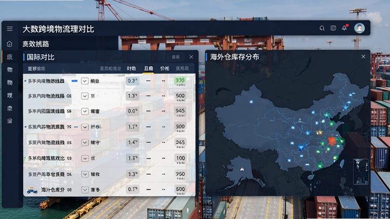 大数跨境物流管理界面,显示多条国际物流线路的时效与价格对比表格,以及海外仓库存分布地图,背景为集装箱码头照片,风格写实。