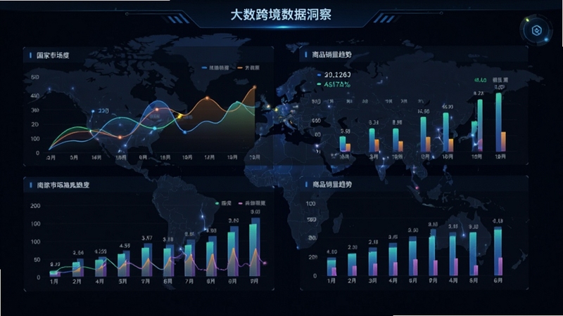 大数跨境数据洞察界面,展示多个折线图与柱状图,对比不同国家市场热度与商品销量趋势,界面带有深色主题,数据面板悬浮于世界地图背景之上,科技感十足。