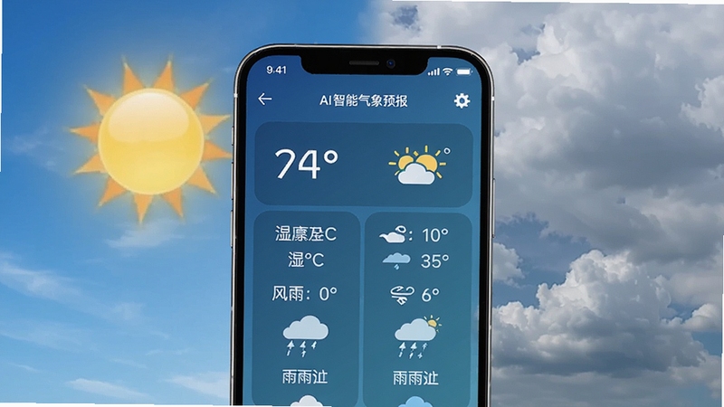 一张展示AI天气预报气象报核心界面的高清图片,画面中央是手机屏幕特写,屏幕中显示城市天气详情,包括温度、湿度、风力、降雨概率等数据,背景为晴朗与多云交替的天空,画面色彩鲜明,科技感十足,突出智能气象预报的主题。