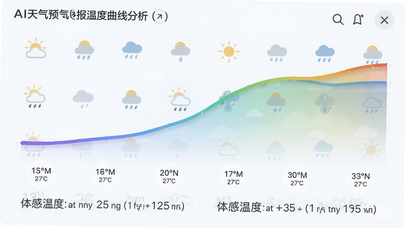 展示AI天气预报气象报温度曲线分析界面,画面中一条平滑的彩色温度曲线贯穿屏幕,下方标注各时段温度变化与体感温度提示,背景为简约的天气图标组合,整体干净清爽,突出数据分析的智能性。