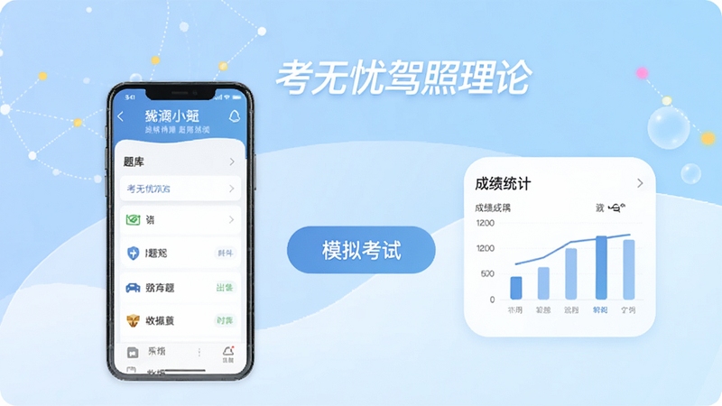 考无忧驾照理论主界面预览图,展示App在手机上的运行效果,界面包含题库列表、模拟考试按钮和成绩统计图表,背景为淡蓝色渐变,整体风格清新明亮,突出软件核心功能与品牌名称