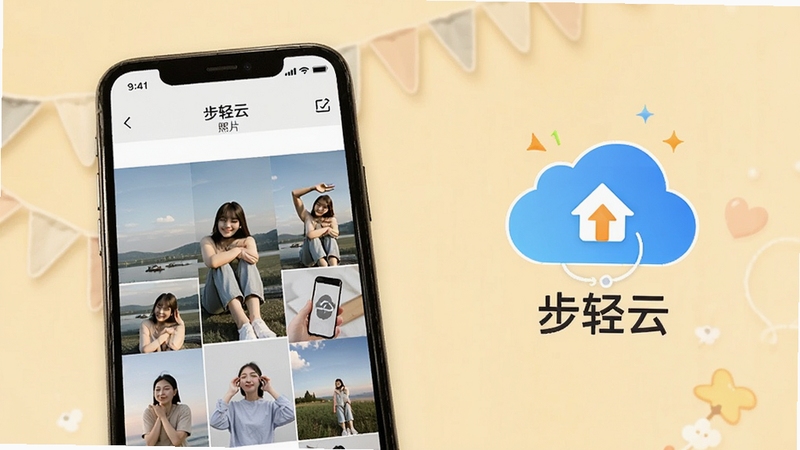 步轻云相册备份功能展示,画面为手机相册界面与云端存储图标,背景为温馨的浅黄色调,突出“步轻云”备份照片的便捷性,风格简洁明快