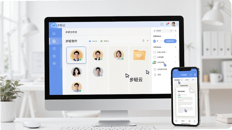 步轻云协作分享功能界面预览,展示共享文件夹内多人头像与文档编辑光标,背景为淡灰色工作场景,突出“步轻云”协作功能,画面含电脑与手机多设备,风格清新明亮