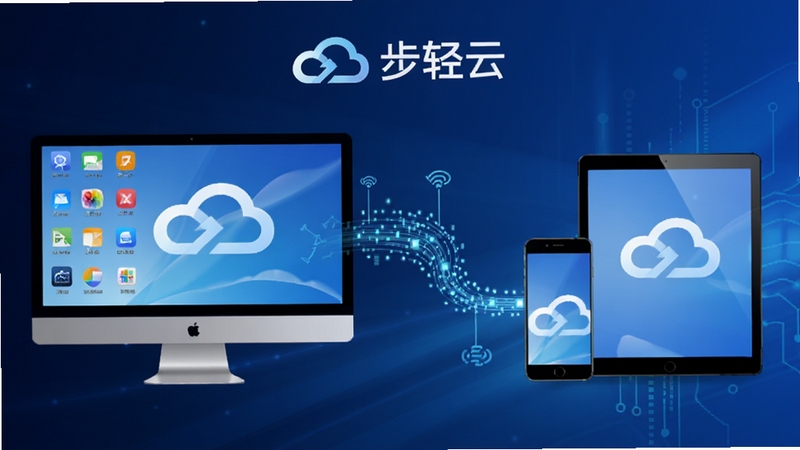 步轻云智能同步功能示意图,画面左侧为电脑桌面图标,右侧为手机与平板,中间以发光数据线条连接,体现多设备实时同步概念,背景为深蓝色科技感渐变,突出“步轻云”品牌标识