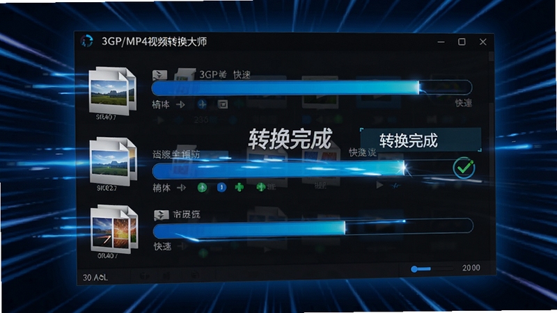 3GP/MP4视频转换大师的极速转换过程示意图,画面中显示多个视频文件正在快速转换,进度条几乎全满,背景有速度线特效,突出“快速”主题,软件界面为深色主题,带有蓝色进度条和“转换完成”的提示,科技感十足