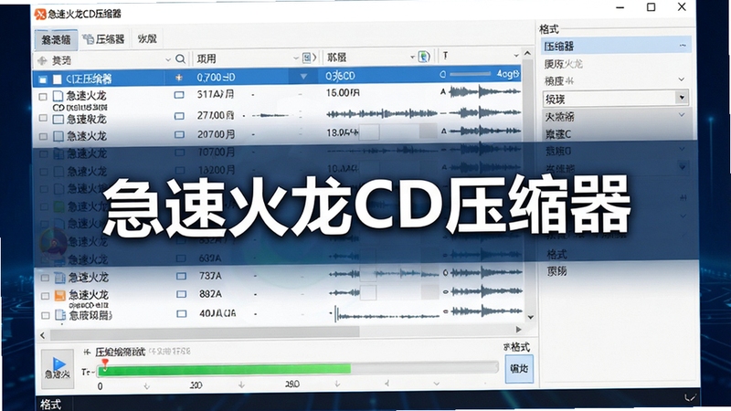 一张展示急速火龙CD压缩器主界面的高清截图,软件界面清晰显示音频文件列表、压缩进度条和格式选择菜单,背景为深蓝色科技感渐变,整体风格简洁现代,突出软件的专业性和易用性,画面中心为软件名称“急速火龙CD压缩器”字样,细节丰富,适合作为软件介绍首图