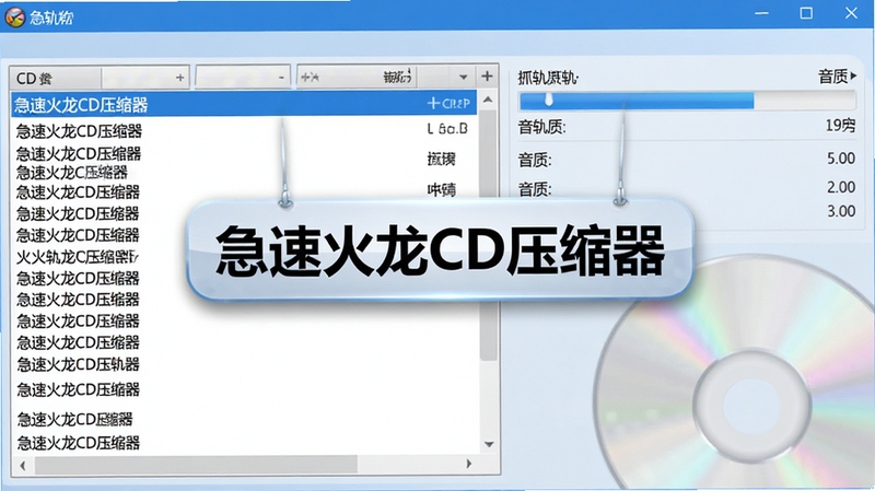 一张展示急速火龙CD压缩器抓取CD音轨的界面截图,界面左侧为CD曲目列表,右侧显示抓轨进度和音质信息,背景为柔和的浅灰色,搭配蓝色高亮元素,画面中心有“急速火龙CD压缩器”的悬浮标识,整体观感专业且友好
