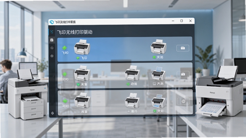 飞印无线打印机驱动多设备管理界面预览,画面显示驱动软件主界面中同时列有多台打印机设备,每台设备都显示状态图标和名称,背景为现代办公室场景,有多个打印机设备分布,整体色调清爽,突出多功能管理特点,包含飞印无线打印机驱动的软件界面元素,16:9比例,高清细节
