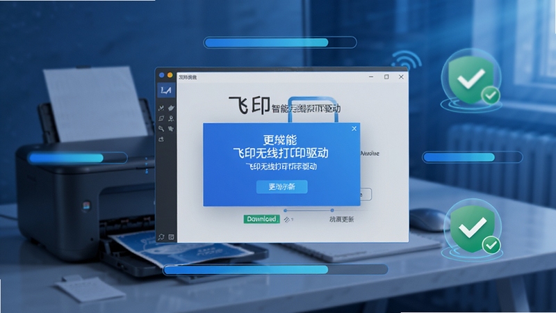 飞印无线打印机驱动自动更新功能示意图,画面显示驱动软件界面弹出更新提示窗口,背景为电脑桌面和打印机,周围有下载进度条和更新成功图标,整体风格科技感,蓝色调,突出智能自动更新特点,包含飞印无线打印机驱动名称,16:9高清
