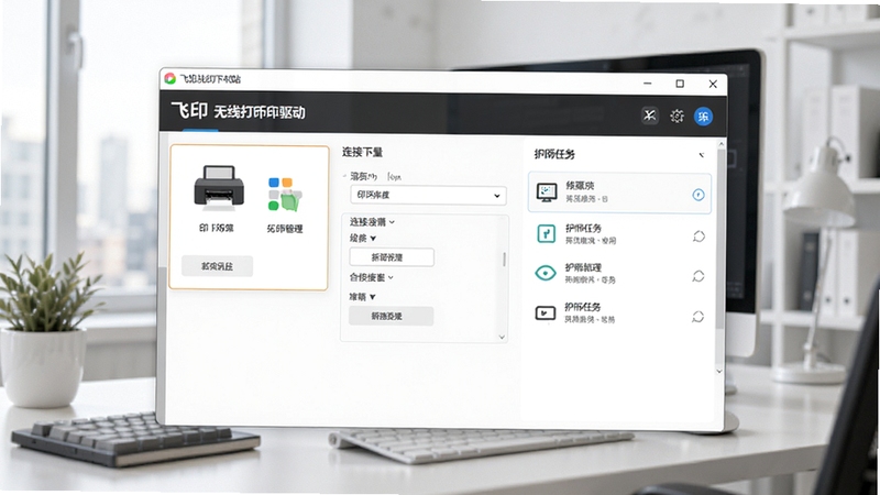 飞印无线打印机驱动界面预览图,展示软件主界面,背景为现代办公桌面,画面主体为驱动管理窗口,包含打印机状态、连接设置和打印任务列表,整体风格简洁明亮,细节清晰,符合软件下载站预览图规范,软件名称标注在窗口标题栏,图片尺寸16:9,高清渲染