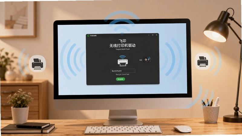 飞印无线打印机驱动无线连接功能示意图,画面中央显示电脑屏幕上的驱动界面,正在搜索打印机设备,周围有无线信号波纹和打印机图标,背景为简约家居办公室环境,暖色调,突出便捷快速连接的主题,图片中加入飞印无线打印机驱动的名称标识,16:9比例,高清画质
