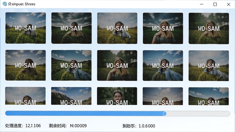 中格图片批量加水印软件批量处理进度界面,显示多张图片正在依次添加水印,进度条清晰可见,底部有处理速度统计与剩余时间预估,背景为淡蓝色调,体现高效稳定的处理性能