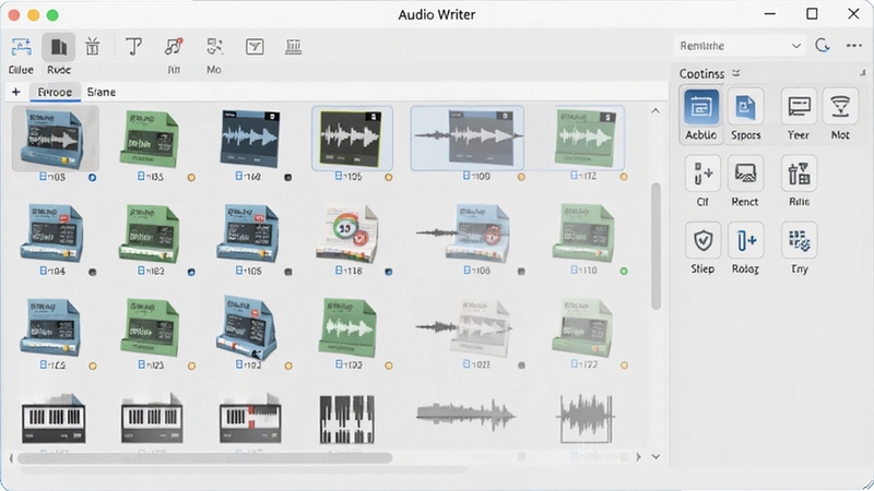 Audio Writer�������ļ��������棬��ʾ�����Ƶ�ļ������������������������У��Ҳ��и�ʽת��ѡ��ͼ�꣬����Ϊ����ǳ��ɫ����̨��������ɾ�������ǿ�������Ķ��ʽ֧����������������������Ϊ���������ͼ���