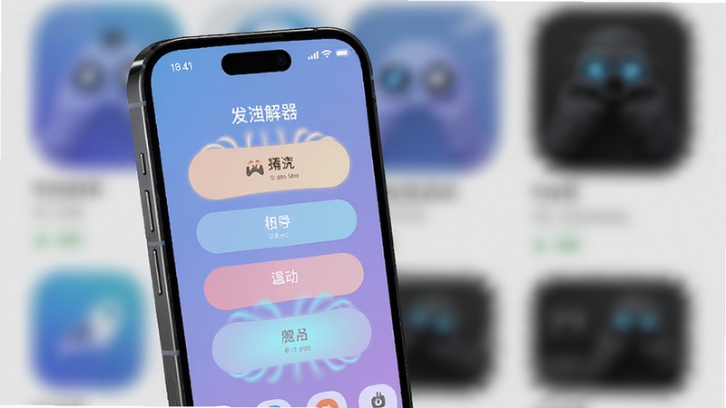 现代简约风格的手机应用界面,屏幕中央展示发泄解压必备神器的主界面预览,包含色彩柔和的互动按钮与动态呼吸灯效,背景为渐变的宁静蓝紫色调,营造放松氛围,画面清晰,手机设备位于画面中央偏左,背景虚化处理,突出应用界面细节,整体画质高清,适合应用商店展示