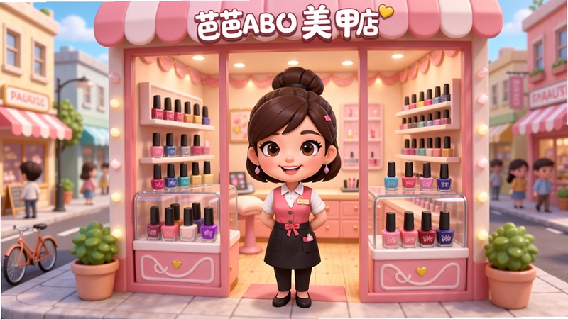 芭芭拉美甲店游戏主界面,一位可爱店员站在美甲店门口,店内装饰粉色系,展示柜上摆满各色指甲油,背景是繁华商业街,整体风格明亮温馨,卡通渲染,高细节,适合游戏宣传图