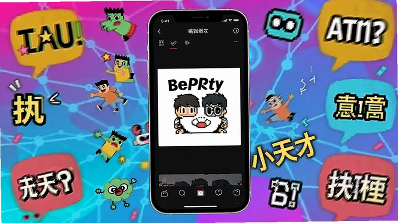玩梗小天才手机应用界面预览图,画面中央展示热门梗图编辑模板,背景为多彩网络流行元素,色彩明亮活泼,突出趣味性与创意感,整体风格年轻化,适配移动端竖屏展示。