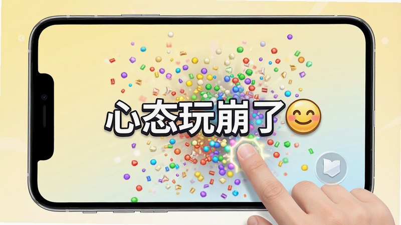 游戏互动画面,玩家手指点击屏幕,产生彩色粒子爆炸效果,屏幕上显示“心态玩崩了”字样和笑脸图标,背景是淡黄色渐变,营造轻松愉快的氛围,高质量游戏UI截图风格