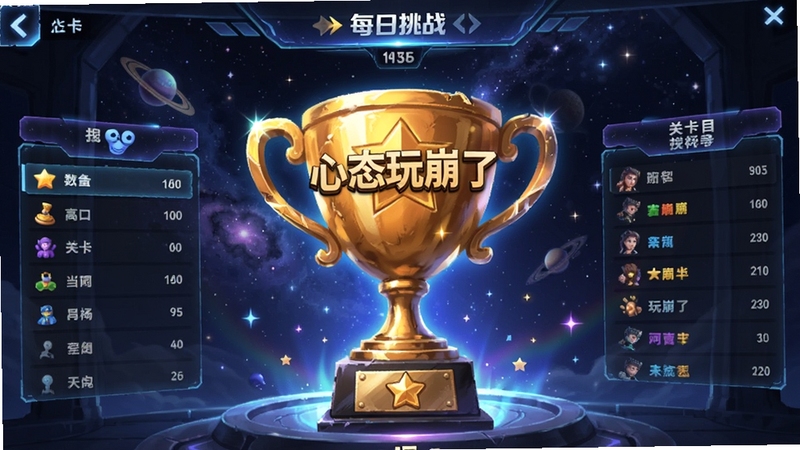 每日挑战界面,显示倒计时和关卡目标,背景是星空夜晚,中央有一个巨大的“心态玩崩了”奖杯,周围有排行榜列表,UI风格炫酷,突出竞技感