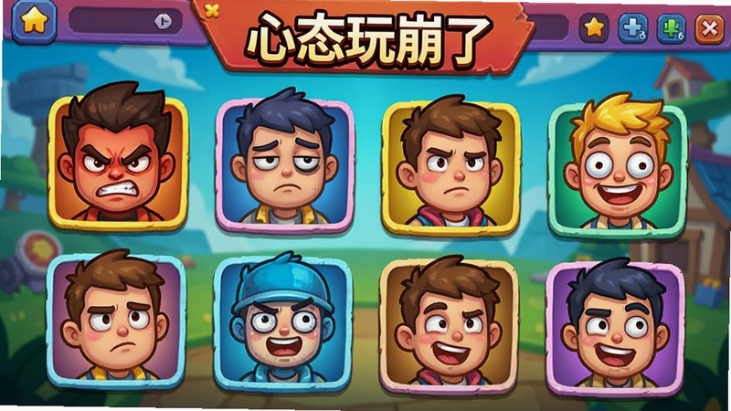 角色选择界面,展示多个卡通角色头像,每个角色表情各异,有愤怒、无奈、搞笑等,背景是游戏主界面,色彩鲜艳,UI设计精致,突出“心态玩崩了”的角色收集玩法