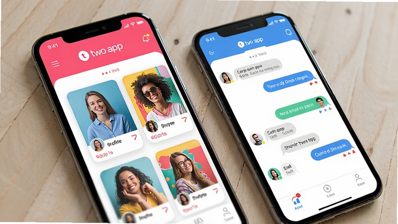 Twoo app interface preview, showing profile cards and chat windows, modern social networking app design, smartphone screen mockup, high quality, bright colors, detailed UI elements, app name displayed on screen