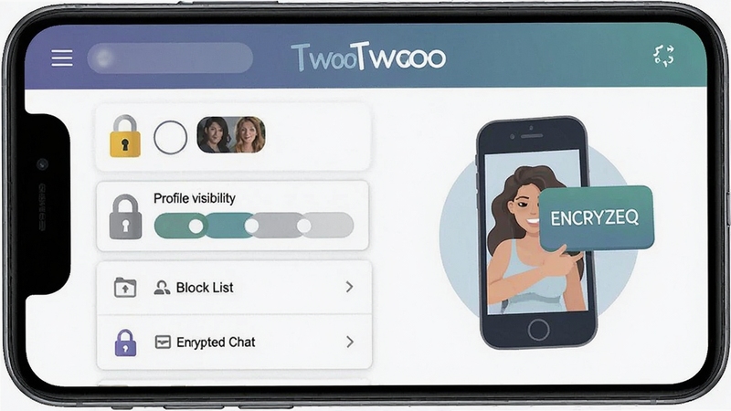 Twoo privacy settings panel, security lock icon, profile visibility options, block list, encrypted chat illustration, app name Twoo