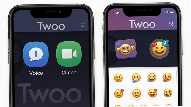 Twoo chat features, voice message, video call icons, interactive games, emoji reactions, mobile app screenshot, app name Twoo displayed