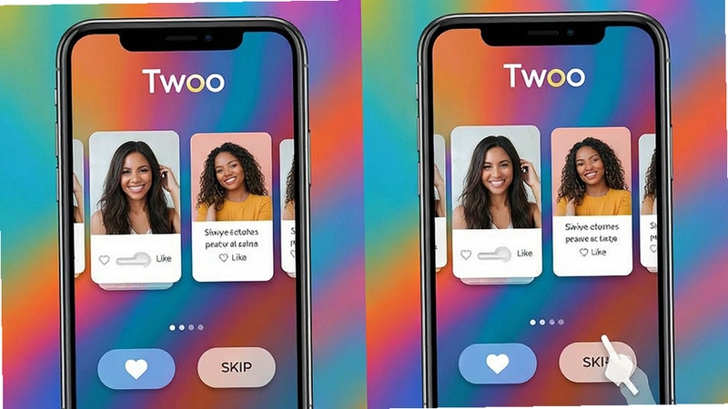 Twoo matching interface with profile cards, swipe gestures, like and skip buttons, modern UI design, app name Twoo visible, colorful background