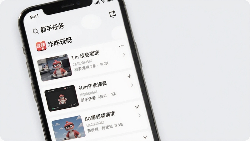 这咋玩呀智能搜索功能演示图,手机屏幕显示搜索“新手任务”的结果列表,每一条结果都带有缩略图和标题,背景为淡灰色,突出软件界面的简洁与高效,画面中手机屏幕内清晰显示这咋玩呀的Logo