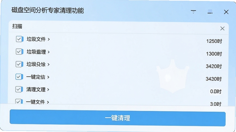 磁盘空间分析专家清理功能截图,界面显示扫描出的垃圾文件列表,每个文件旁有复选框和大小标识,底部有“一键清理”按钮,背景为淡蓝色渐变,整体风格现代,突出清理功能的便捷与安全。