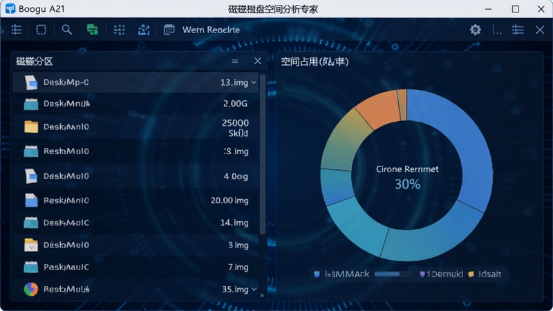 磁盘空间分析专家主界面预览图,左侧为磁盘分区列表,右侧为环形图表展示空间占用情况,背景为深蓝色科技感界面,整体风格简洁专业,软件名称醒目显示在顶部工具栏,画面清晰明亮,适配Boogu模型生成。