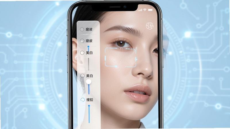 展示虹软美妆秀AI智能美颜功能的界面截图,画面以手机屏幕为主体,屏幕中展示一位模特的脸部特写,左侧滑动条显示磨皮、美白、瘦脸等调节选项,背景为浅蓝色科技感光效,强调AI算法的精准与自然。