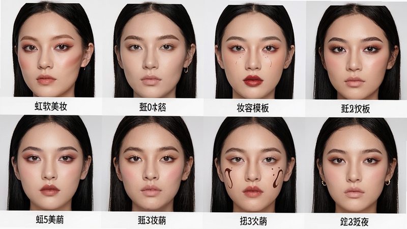 虹软美妆秀海量妆容模板展示图,画面中展示多款不同风格的妆容效果,以网格形式排列,每款妆容下方标注名称,背景为简洁的白色与浅灰色,整体风格清爽,突出妆容的多样性与专业性。