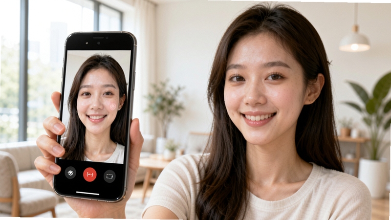 虹软美妆秀实时视频美颜功能演示图,画面中一位年轻女性手持手机进行视频通话,屏幕中显示实时美颜效果,背景为明亮的室内环境,强调实时性与自然效果。