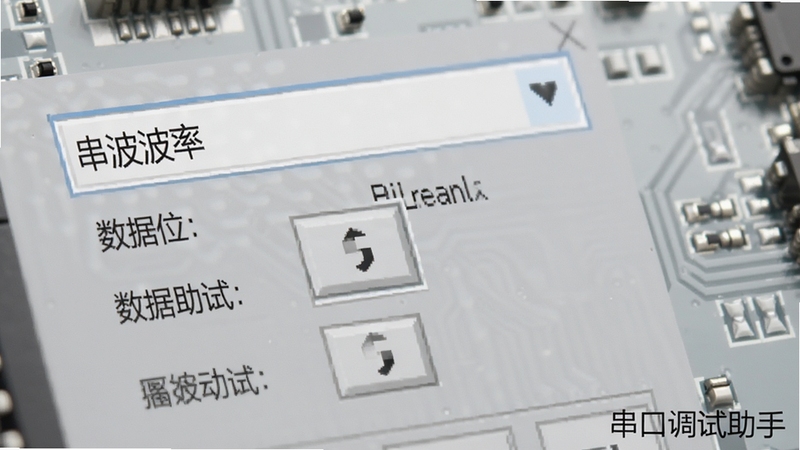 串口调试助手参数配置界面特写,显示波特率下拉菜单、数据位选择按钮,背景为浅灰色电路板纹理,光线柔和,突出配置选项的丰富性,画面角落标注“串口调试助手”水印