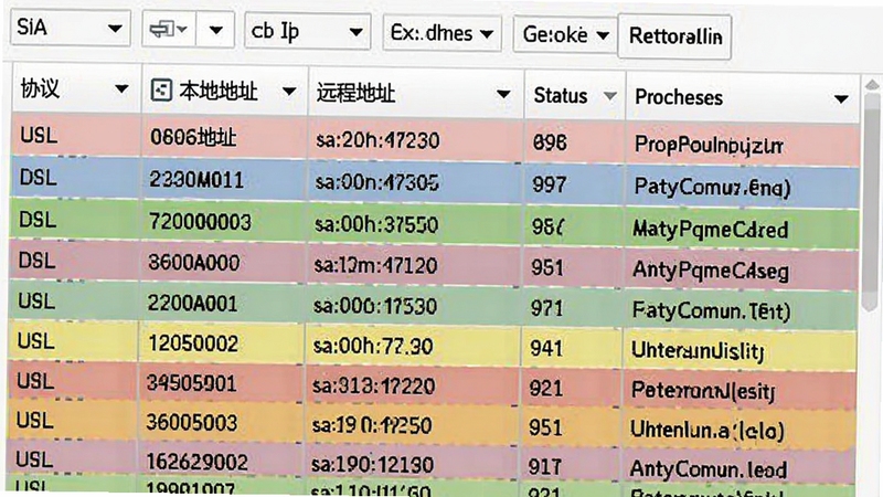 网络流量监视专家网络连接列表截图,表格清晰展示协议、本地地址、远程地址、状态及进程名,每行数据带有高亮底色,顶部有筛选标签栏,整体界面规整,信息密度适中,便于快速识别异常连接