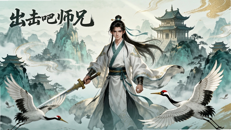 国风水墨风格的《出击吧师兄》游戏宣传图,画面中央是一位身着白衣、仙风道骨的年轻师兄,手持长剑,身后是云雾缭绕的仙山楼阁,前景有几只仙鹤飞过,整体色调以青绿与淡金为主,光影柔和,细节精致,突出仙侠世界的飘逸与壮阔。