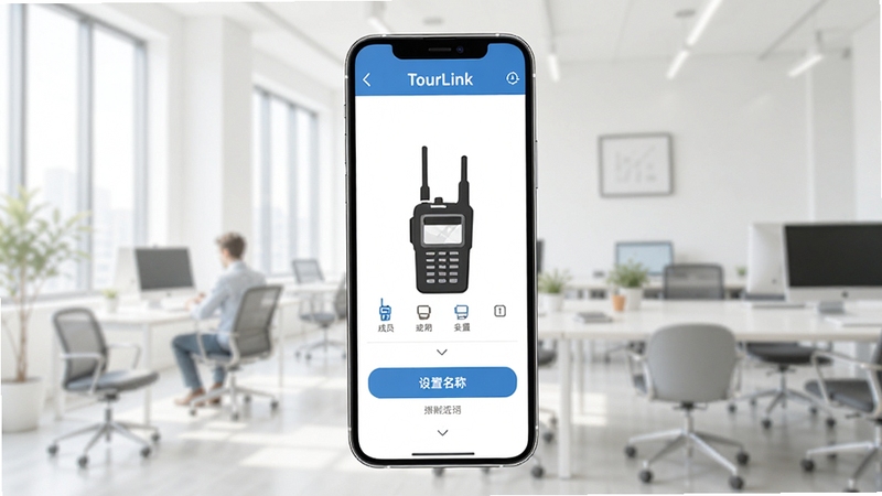 TourLink团队频道创建界面预览图,展示手机端添加成员和设置频道名称的操作步骤,背景为明亮简洁的办公场景,带有对讲机元素图标,突出快速建群与多人通话功能