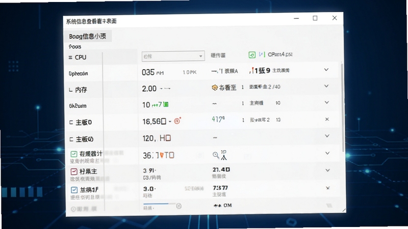 系统信息查看器主界面预览图,展示CPU、内存、主板等硬件参数列表,界面风格简洁清晰,背景为深蓝色科技感渐变,画面主体为软件窗口特写,光线明亮,细节丰富,适配Boogu模型生成。