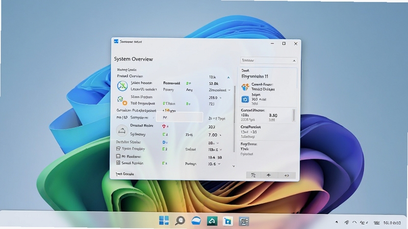 系统信息查看器在Windows11系统上运行的截图,背景为Windows11默认桌面壁纸,软件窗口位于屏幕中央,显示系统概览信息,色彩明亮,画面高清,整体氛围现代。