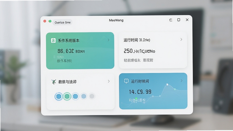 系统信息查看器系统环境详情页示意图,显示操作系统版本和运行时长,界面采用卡片式布局,色彩清新,背景虚化处理,突出前景软件窗口,光线柔和,整体风格现代简约。