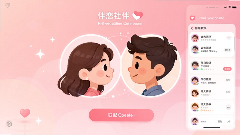 伴恋软件主界面预览图,画面中央显示两个卡通人物头像相互吸引,背景为柔和的粉色渐变,整体风格温馨明亮,突出恋爱社交主题,界面简洁现代,包含匹配按钮和聊天列表,适合作为软件宣传图