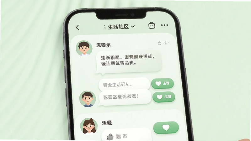 i生活社区聊天界面示意图,画面展示手机界面中的话题讨论区,带有用户头像、昵称、文字气泡和点赞按钮,背景为淡绿色,强调安全友好的交流氛围,界面圆润,细节丰富,适合作为功能展示配图。