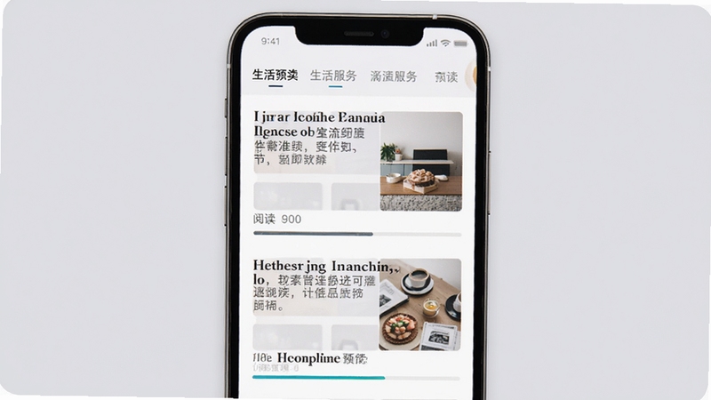 i生活资讯阅读界面预览图,画面展示手机屏幕上的新闻列表,配有标题、缩略图和阅读进度条,顶部有分类标签栏,背景为浅灰色,突出内容清晰易读,整体色调柔和,符合生活服务类应用的视觉风格,竖版构图,写实渲染。